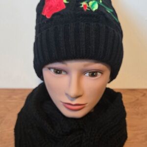 Black Knit Kids Beanie with Red Rose